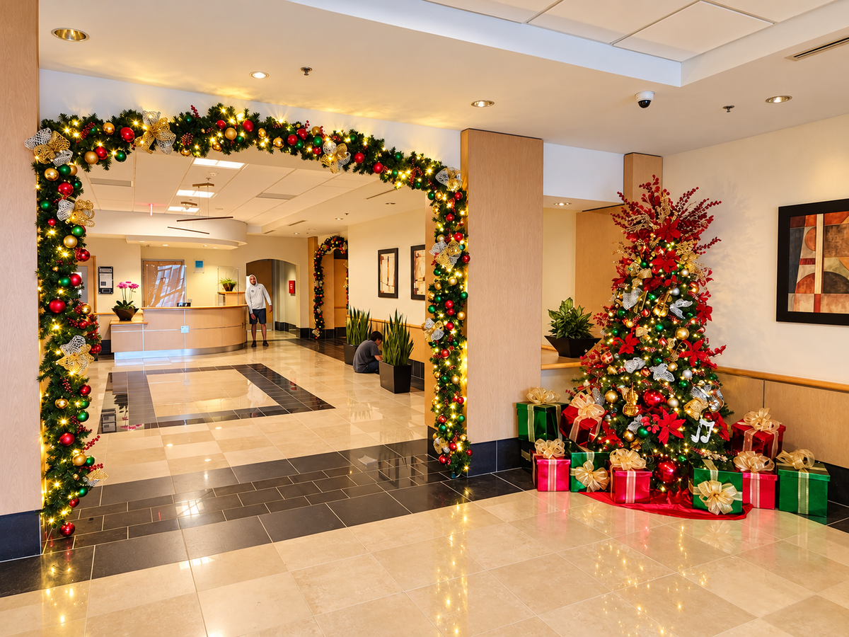 Commercial entrance decorated for the season