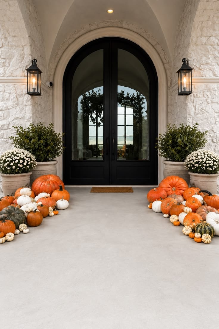Grand arched entryway flanked by symmetrical pumpkin displays, white mums, and lanterns